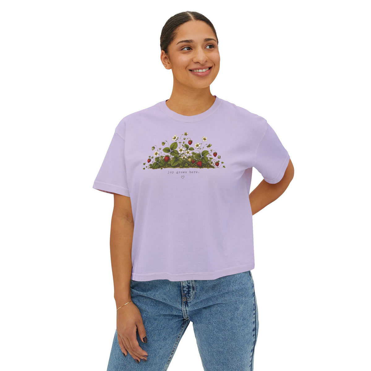 Joy Grows Here Boxy Tee | Strawberry Blossom Cottagecore Shirt | Cute Women's Cropped Relaxed Graphic Tee