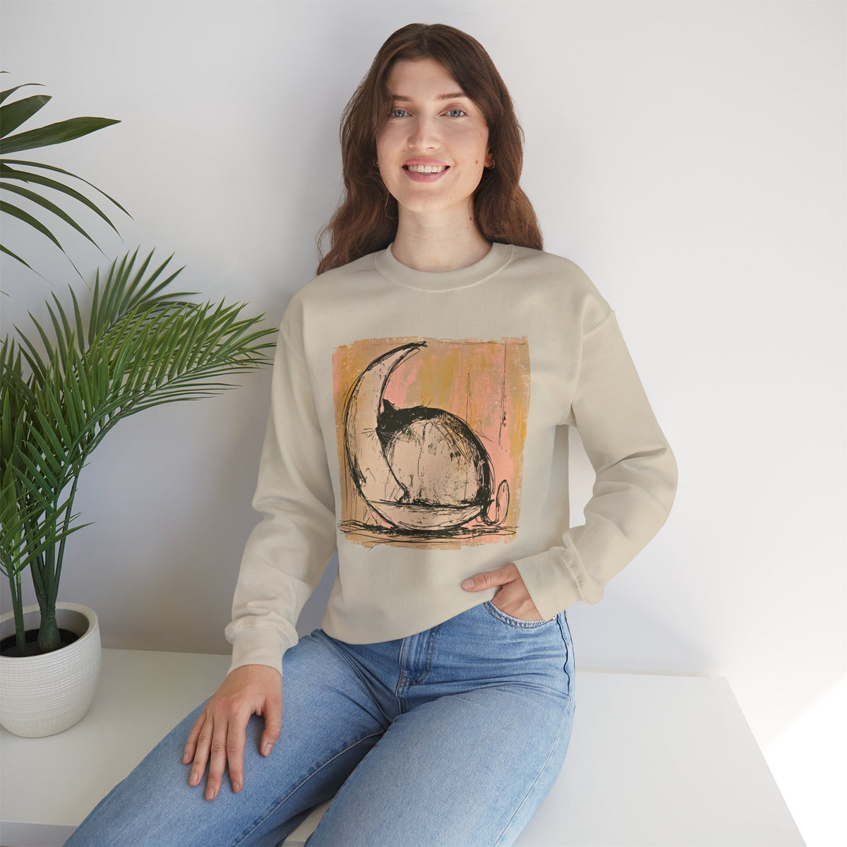 Sketch Moon Cat Crewneck Sweatshirt | Celestial Cat Illustration