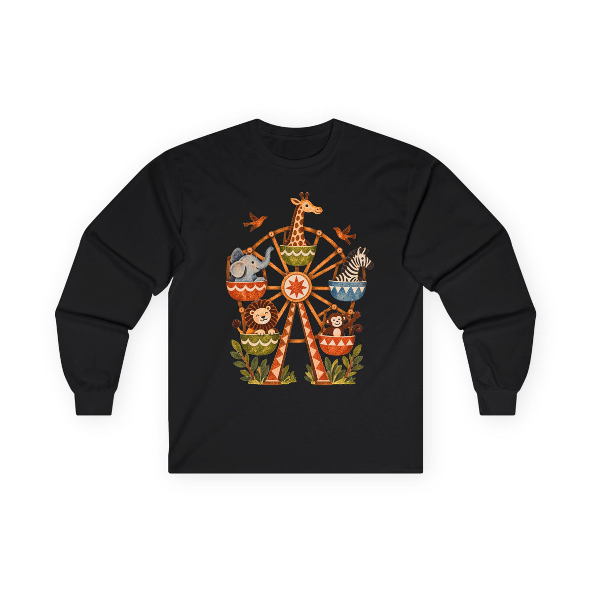 Vintage Safari Ferris Wheel Long Sleeve Shirt, Whimsical Zoo Animal Tee, Retro Storybook Graphic, Unisex Animal Lover Gift