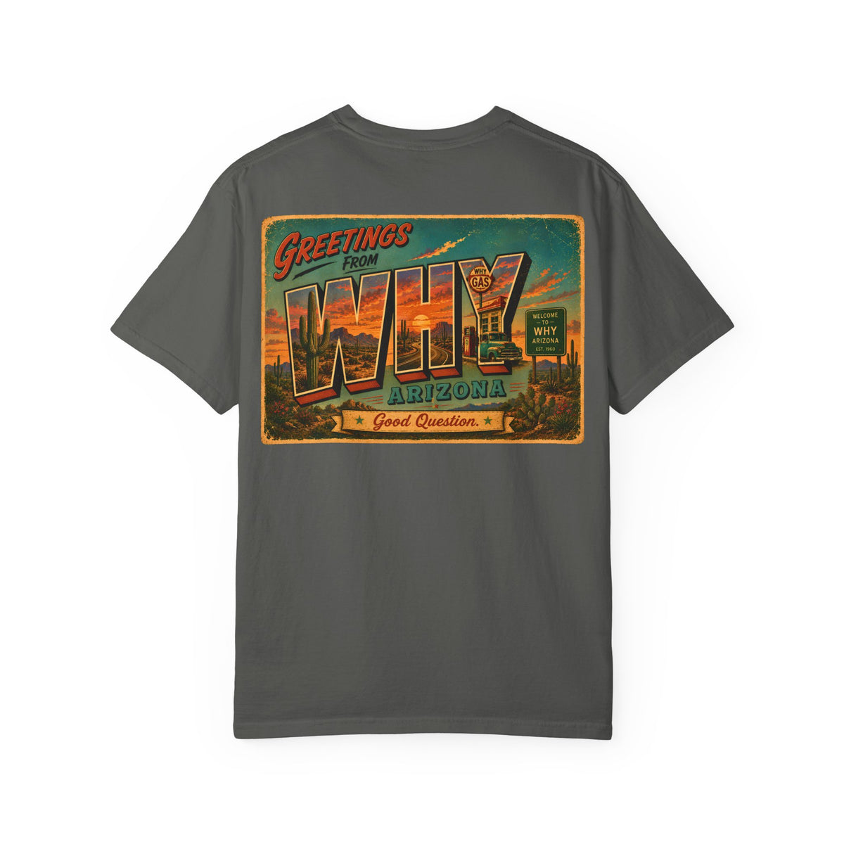 Greetings from WHY Arizona T-shirt | Road Trip Vintage Postcard Design