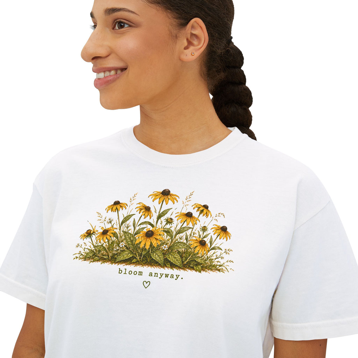 Bloom Anyway Boxy Tee | Black-Eyed Susan Wildflower Shirt | Cottagecore Floral Graphic Tee | Women's Relaxed Cropped Nature Shirt
