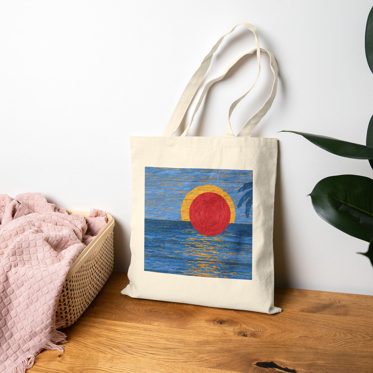 Coastal Sunset Wave Canvas Tote Bag, Tropical Beach Art Market Bag