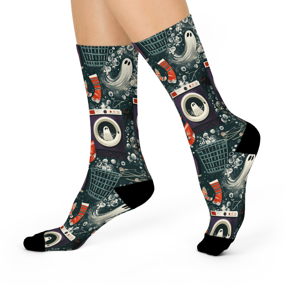 Ghost Laundry Crew Socks | Haunted Washers & Black Cats