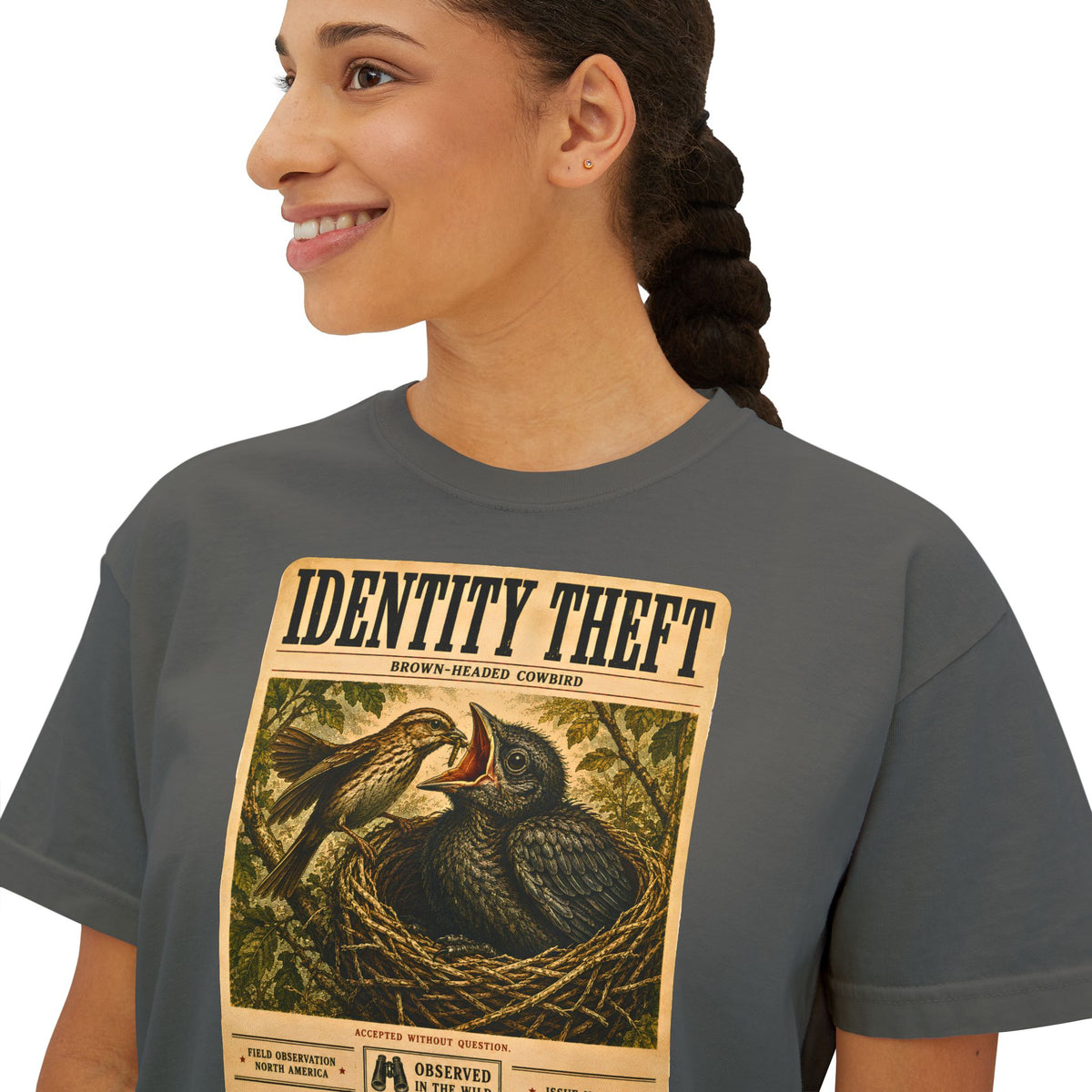 Identity Theft Boxy Tee | Cowbird Birdwatching Shirt | Vintage Nature Graphic Tee | Funny Ornithology Gift | Wildlife Poster