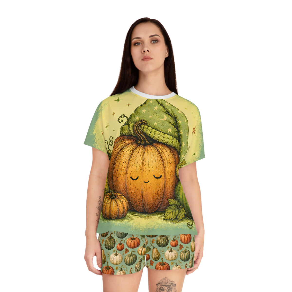 Pumpkin Pajama Set, Women's Fall Pajamas, Cute Autumn Sleepwear, Pumpkin Tee and Shorts, Cozy Halloween PJs