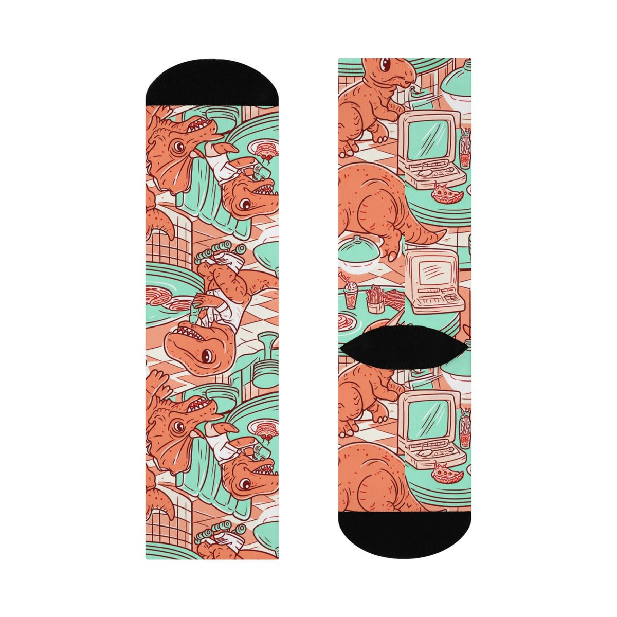 Retro Dinosaur Diner Crew Socks | Mint Coral Vintage Print