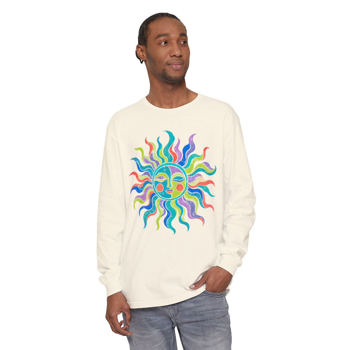 Colorful Sun Long Sleeve Shirt, Celestial Sun Face Tee, Retro Folk Art Shirt, Whimsical Boho Graphic Top