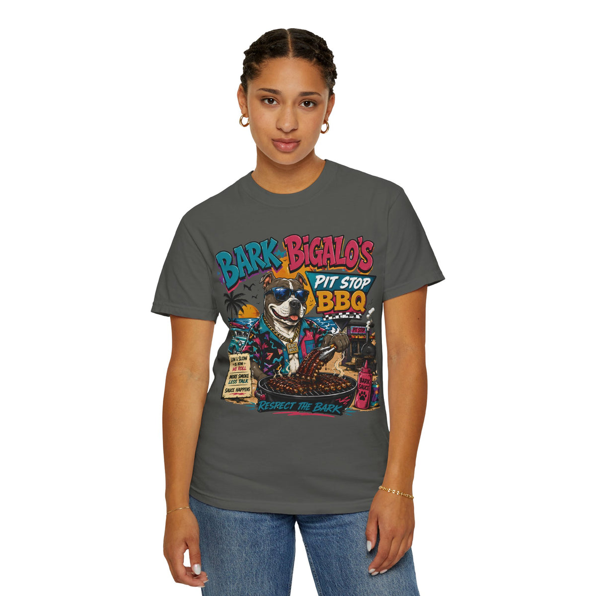 Bark Bigalos Pit Stop BBQ Shirt, Funny Pitbull BBQ Tee, Retro Beach Dog Shirt, Summer Cookout Graphic Tee, BBQ Lover Gift