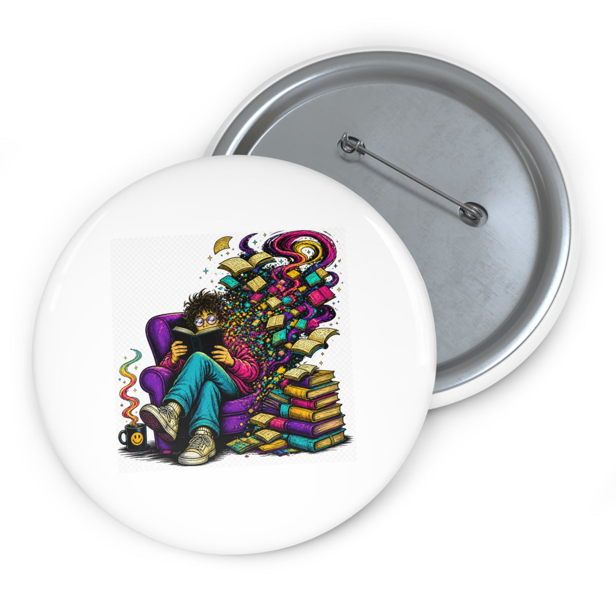Girl Reading with Colorful Imagination Pin Button | Bookstack Illustration