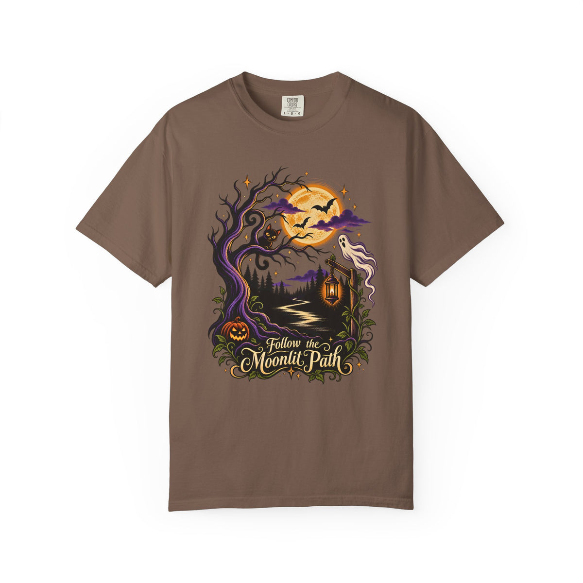Halloween Shirt, Haunted Trail Tee, Moonlit Path Graphic, Spooky Ghost Black Cat Pumpkin Shirt, Comfort Colors 1717 Fall Tee