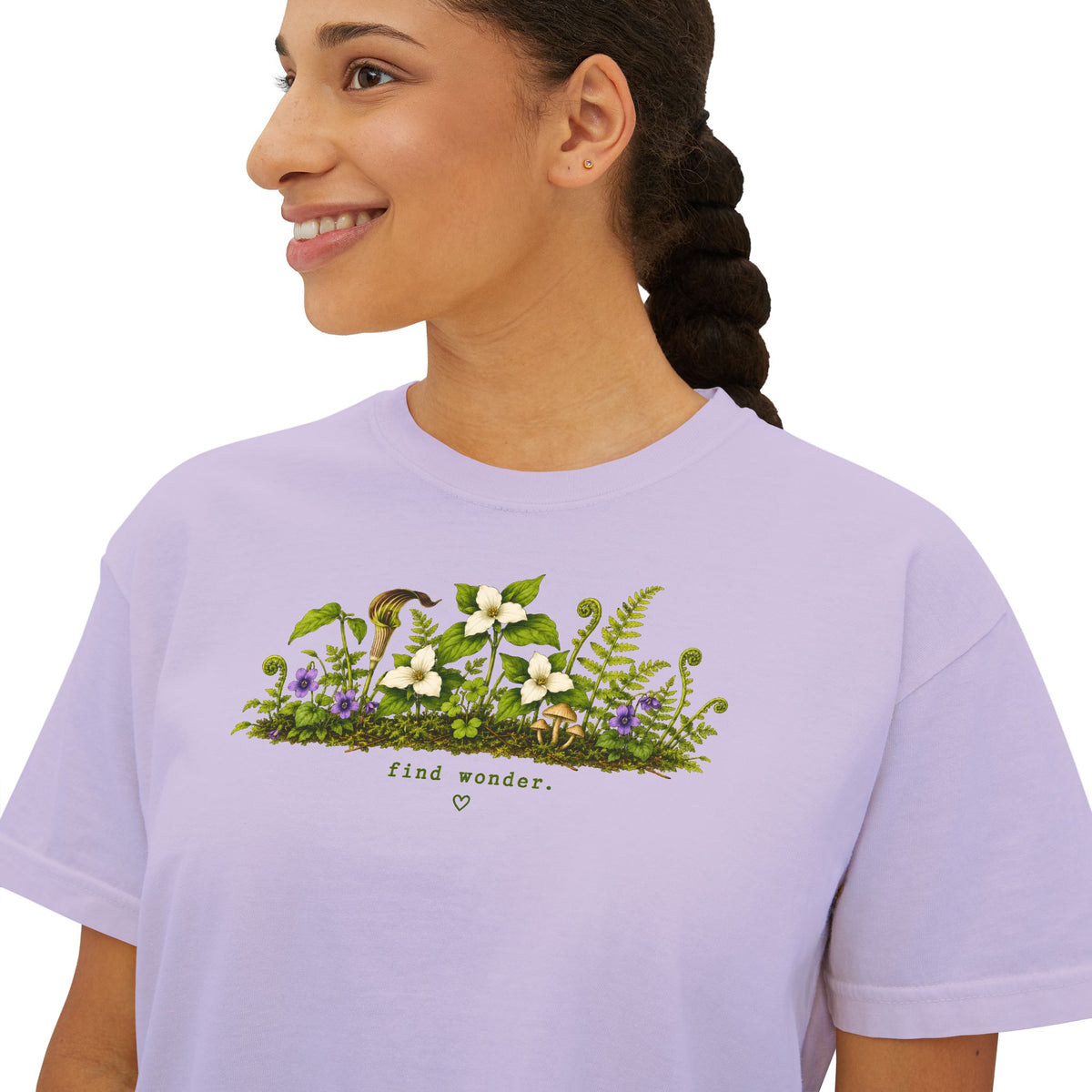 Find Wonder Boxy Tee | Woodland Wildflower Shirt | Cottagecore Mushroom Graphic Tee | Women's Relaxed Cropped Nature Shirt