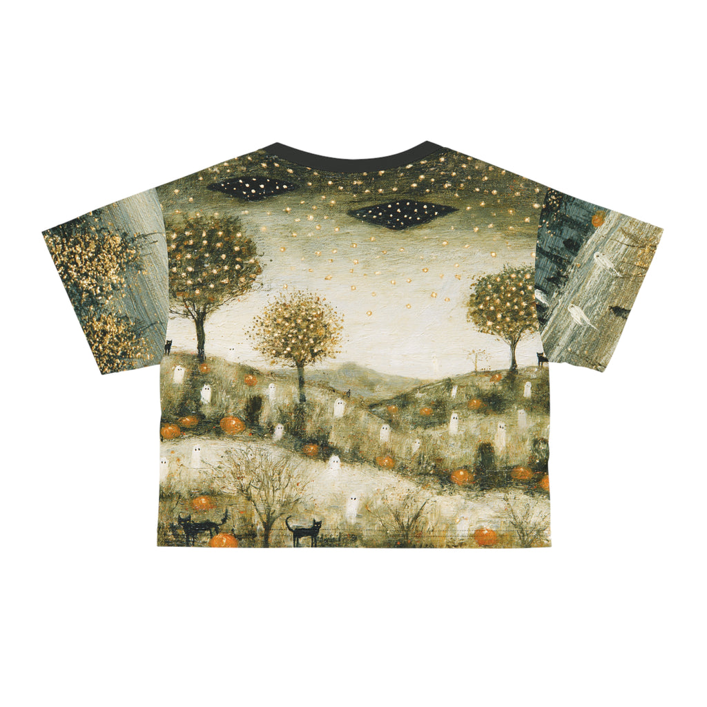 Autumn Fox Meadow Crop Tee | All-Over Print Fall Landscape
