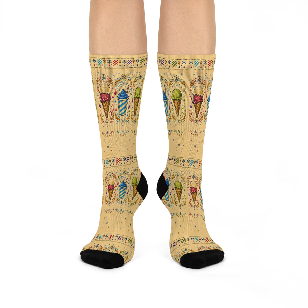 Winter Treat Socks, Ice Cream Snow Cone and Slushie Crew Socks, Retro Dessert Gift, Colorful Foodie Stocking Stuffer