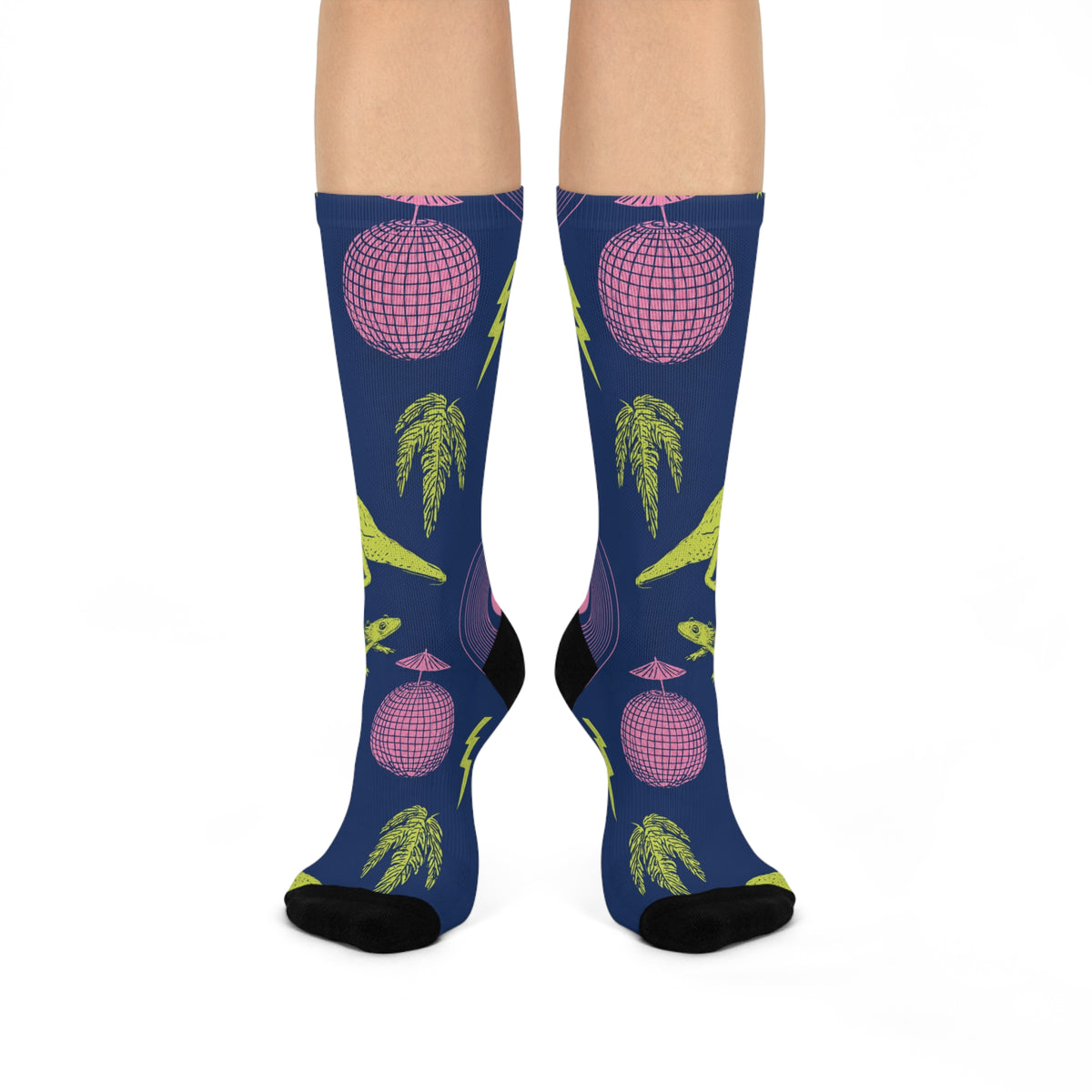 Neon Axolotl Disco Crew Socks | Lime Pink Retro Dance Print