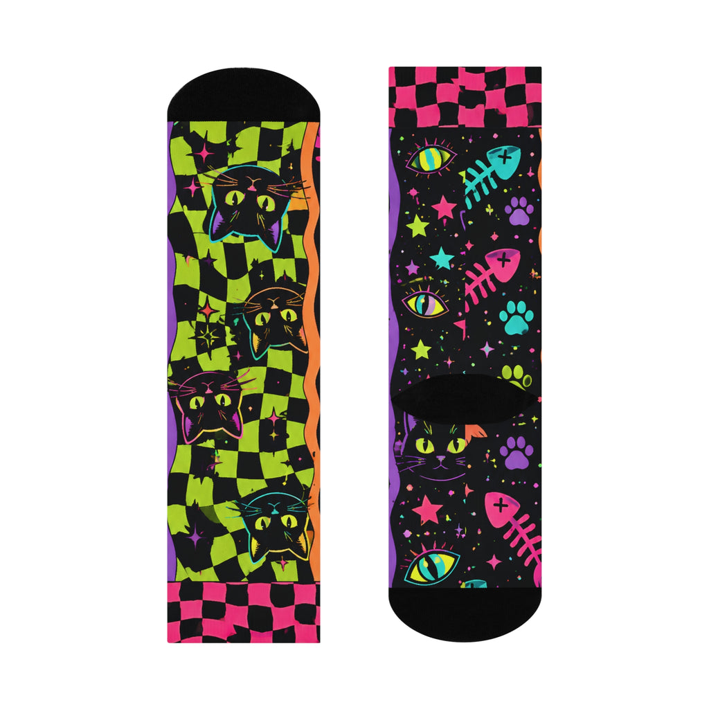 Neon Checkerboard Black Cat Crew Socks | Colorful Cat Pattern