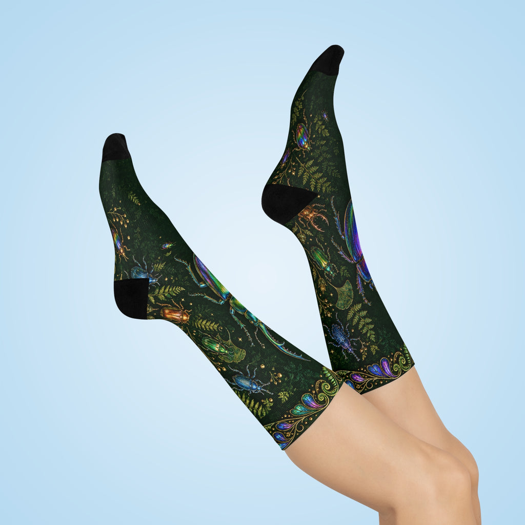 Iridescent Beetles Cushioned Crew Socks | Bug Pattern, Dark Green