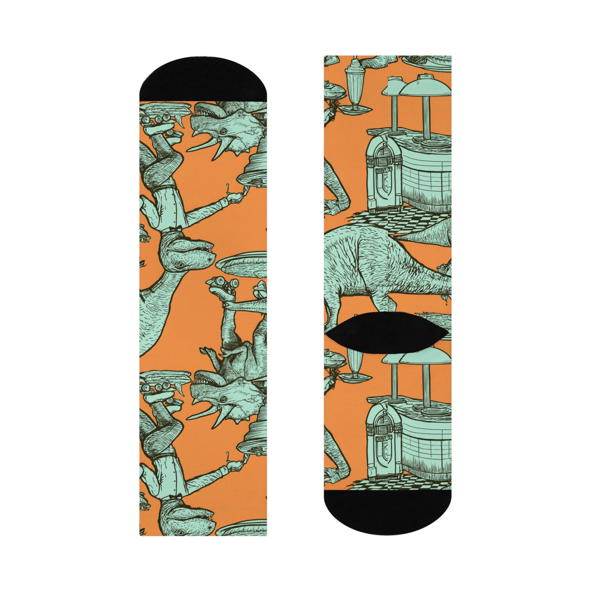 Skating Dinosaur Diner Socks | Retro Roller Skate Dinosaurs