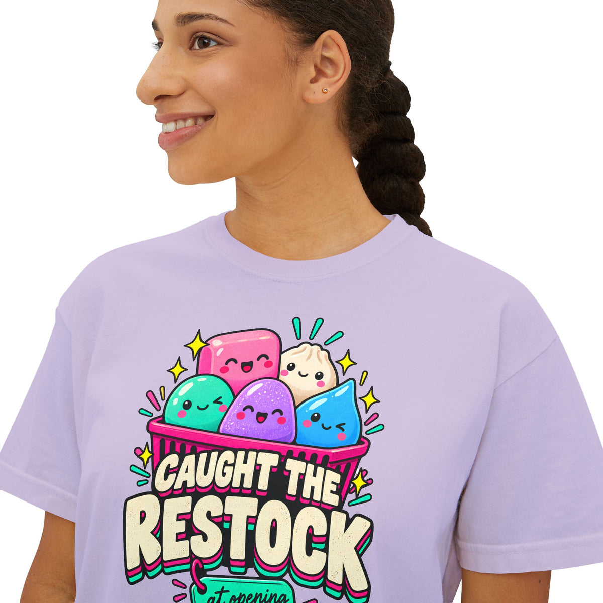 Caught the Restock Crop Tee, Squishy Hunting Shirt, Cute Sensory Toy Collector Top, Kawaii Restock Graphic Tee