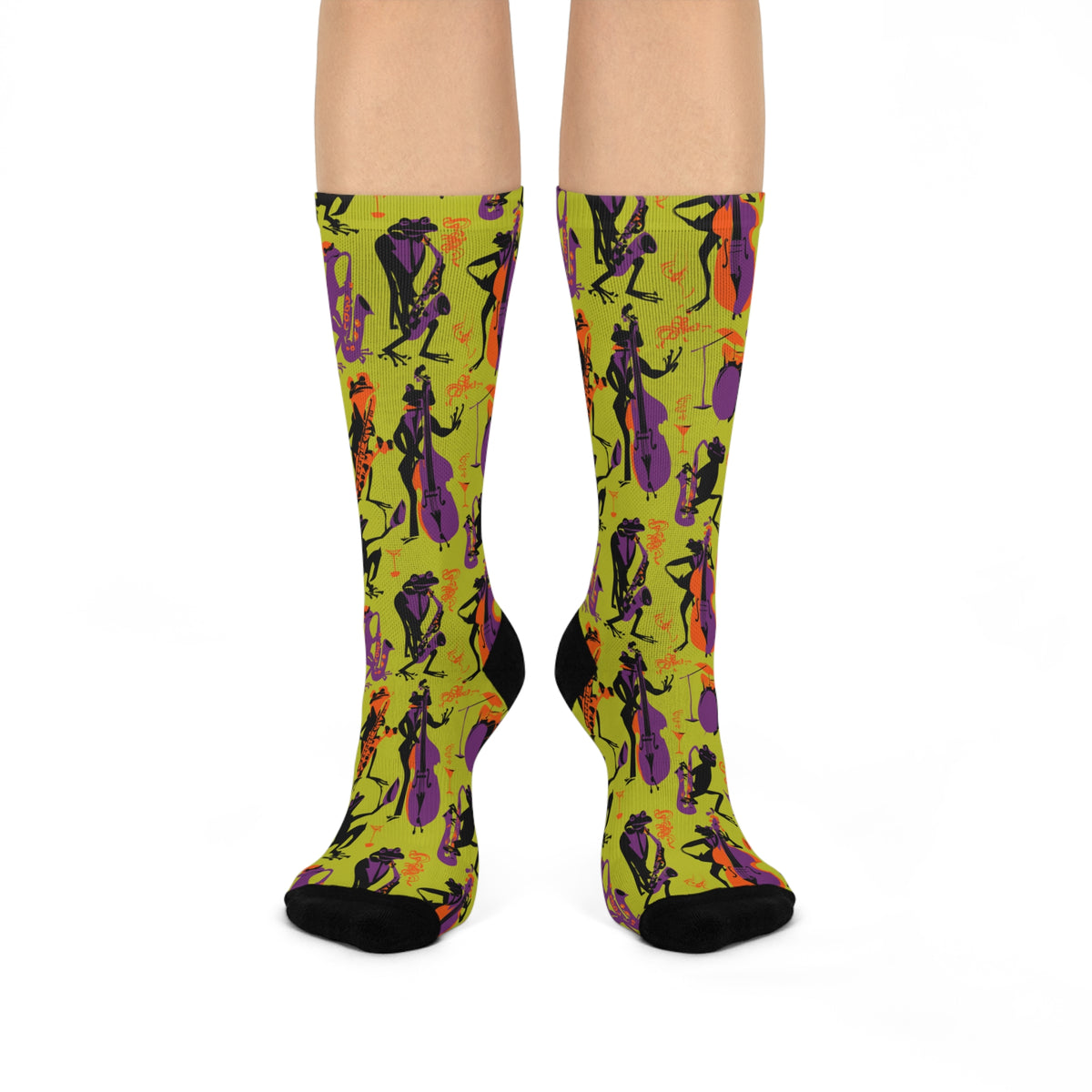 Jazz Frog Crew Socks | Purple Saxophone Band Retro Print