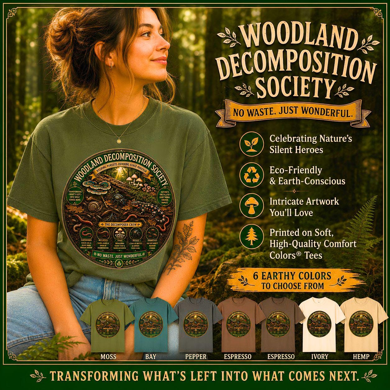 Woodland Decomposition Society Shirt | Vintage Forest Nature Tee, Mushroom Salamander Graphic