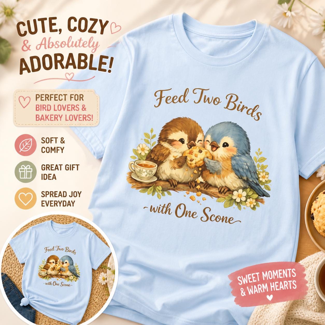 Feed Two Birds Scone Shirt, Cottagecore Bird Tee, Wholesome Nature Saying T-Shirt