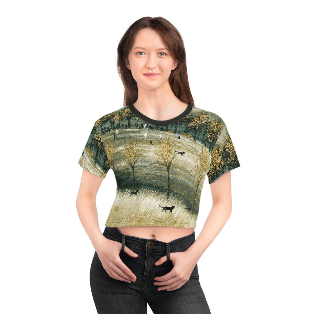 Autumn Fox Meadow Crop Tee | All-Over Print Fall Landscape