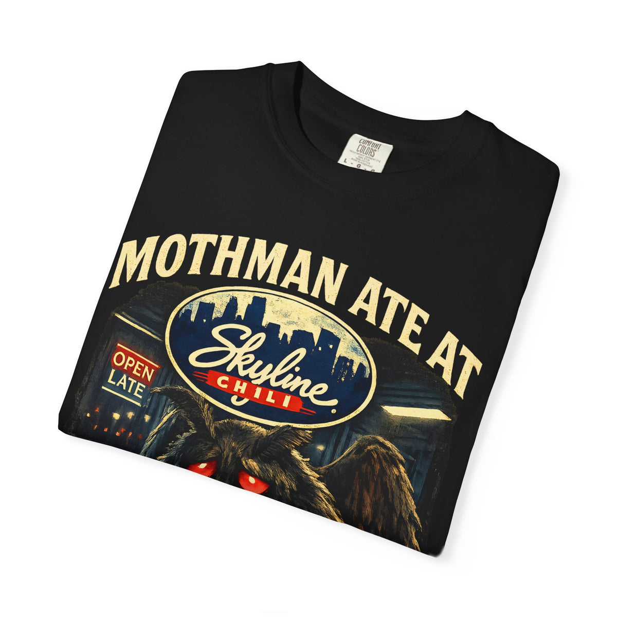 Satirical Mothman Chili Shirt, Cryptid Diner Graphic, Midnight Ohio Humor, Retro Monster Aesthetic, Open Late Apparel