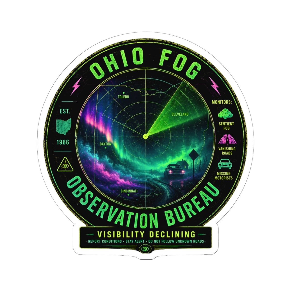 Ohio Fog Observation Bureau Sticker | Radar Aurora Nightscape Kiss-Cut