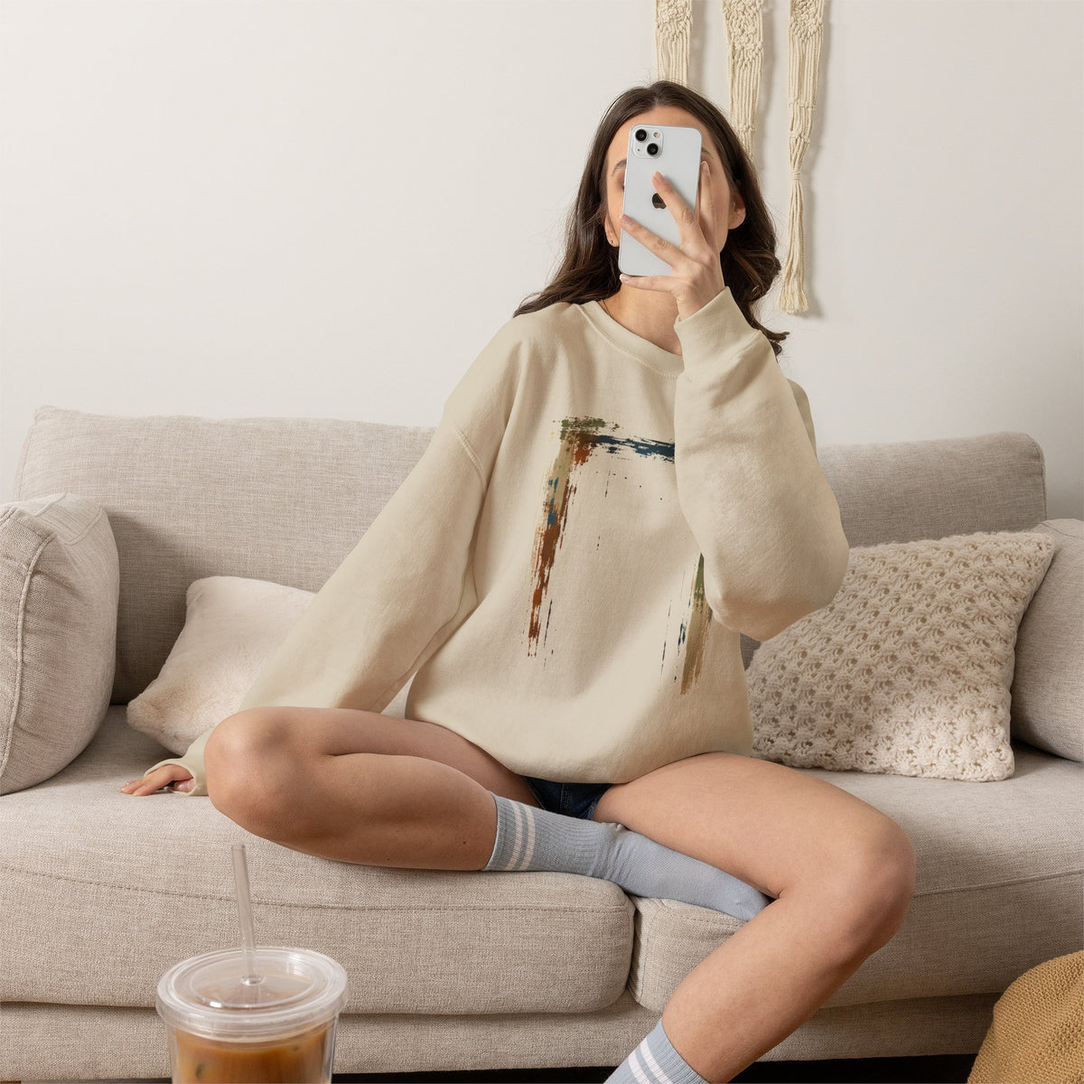 Abstract Grunge Square Sweatshirt | Minimal Distressed Art, Neutral Tones