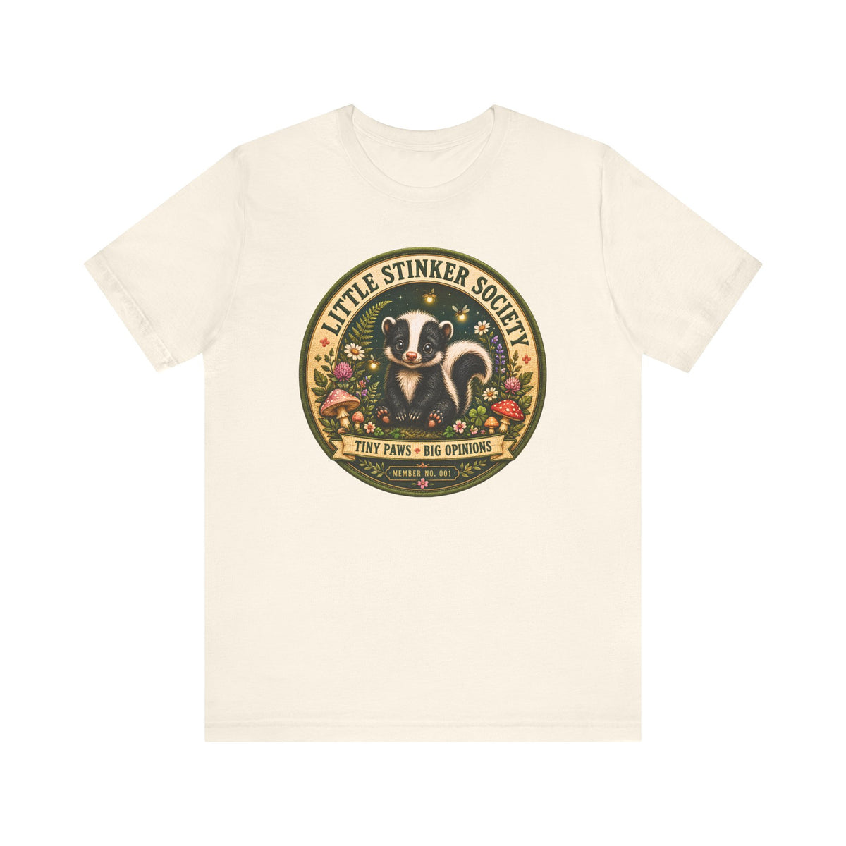 Little Stinker Society shirt featuring a baby skunk among wildflowers and fireflies