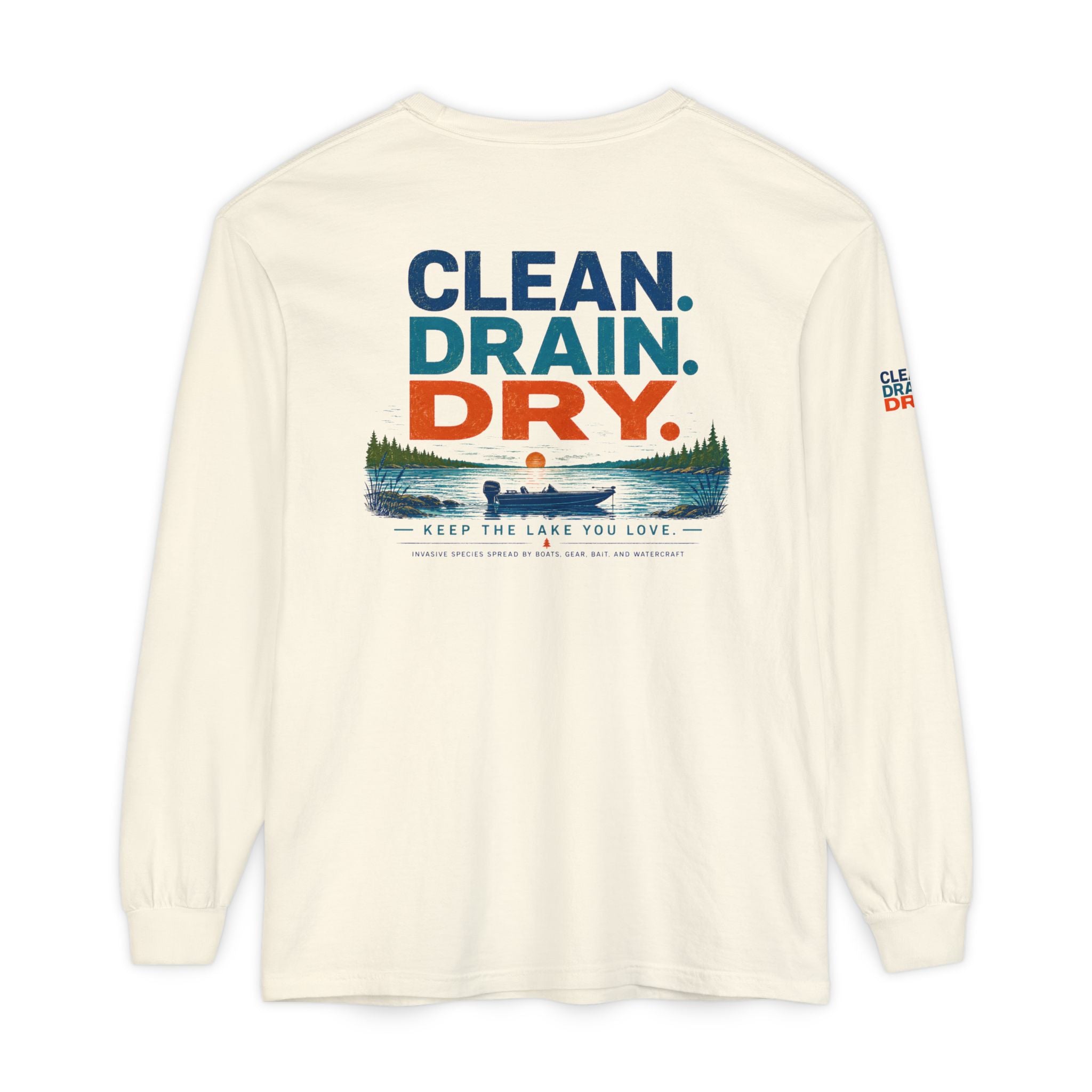 Long Sleeve Tee — "Clean. Drain. Dry." Lake Conservation Shirt