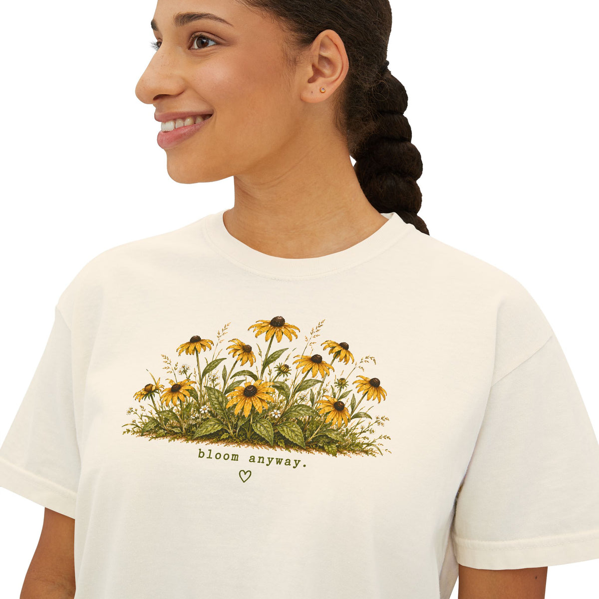 Bloom Anyway Boxy Tee | Black-Eyed Susan Wildflower Shirt | Cottagecore Floral Graphic Tee | Women's Relaxed Cropped Nature Shirt