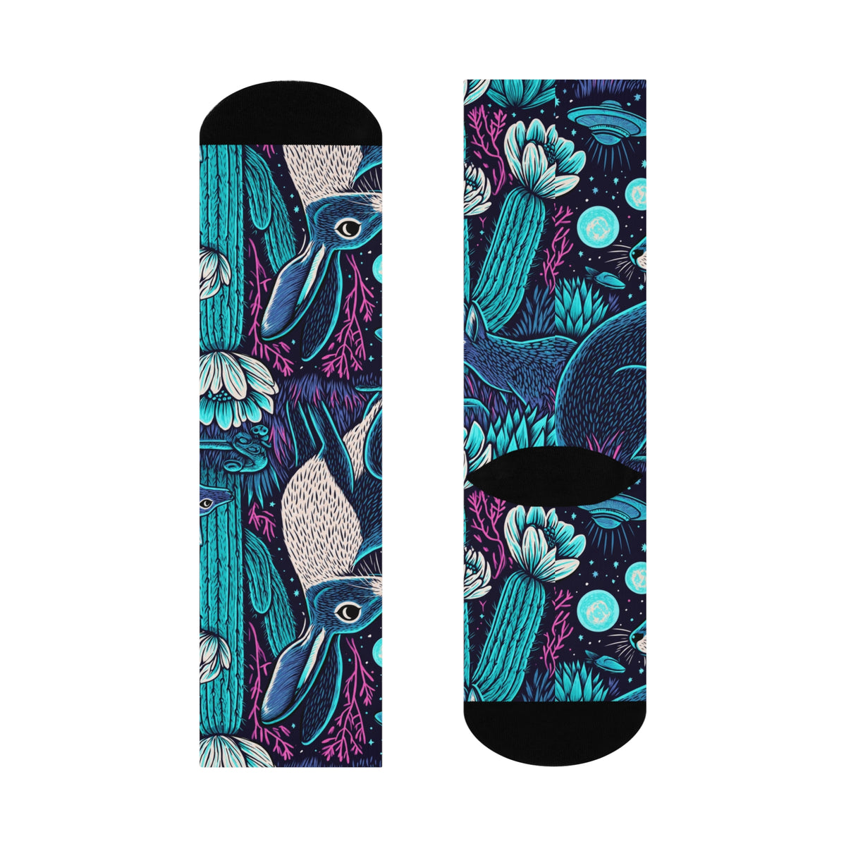 Neon Desert Night Crew Socks | Blue Jackrabbit UFO Cactus