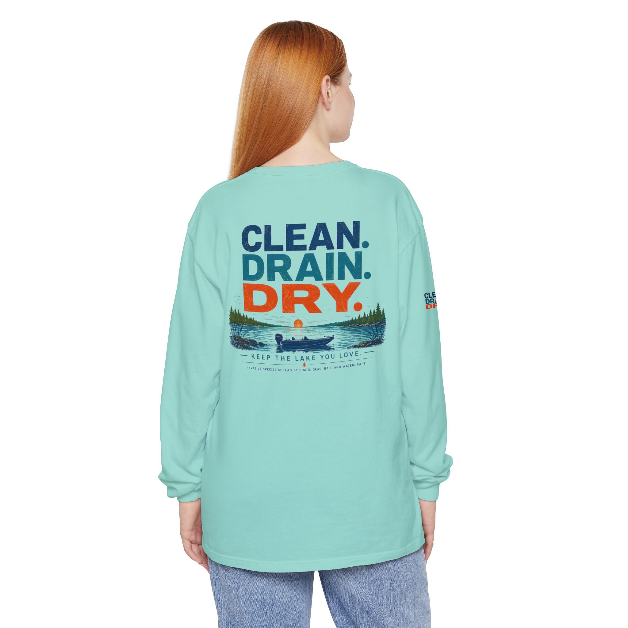 Long Sleeve Tee — "Clean. Drain. Dry." Lake Conservation Shirt
