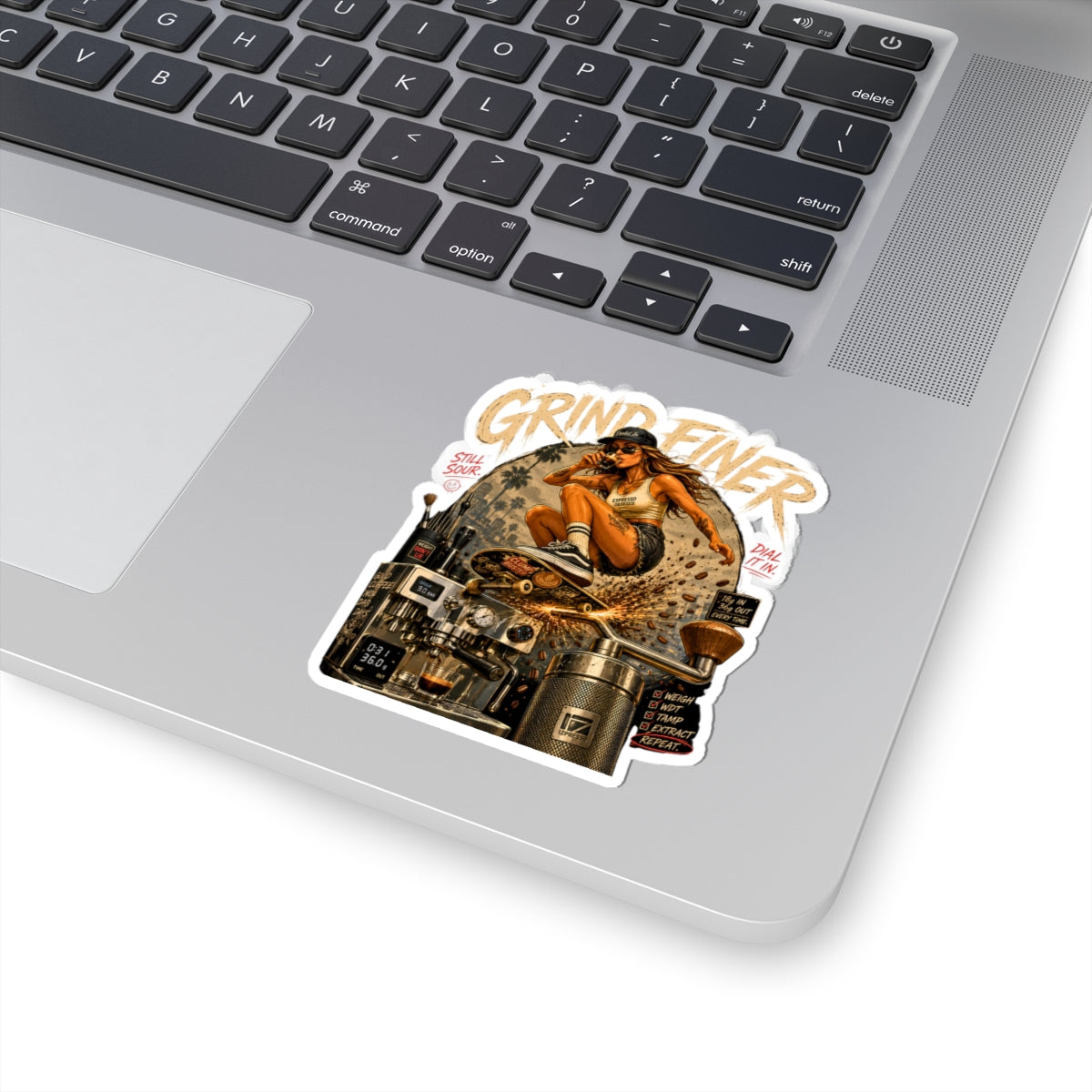 Grind Finer Coffee Sticker | Espresso Skateboard Vinyl Decal | Barista Gift