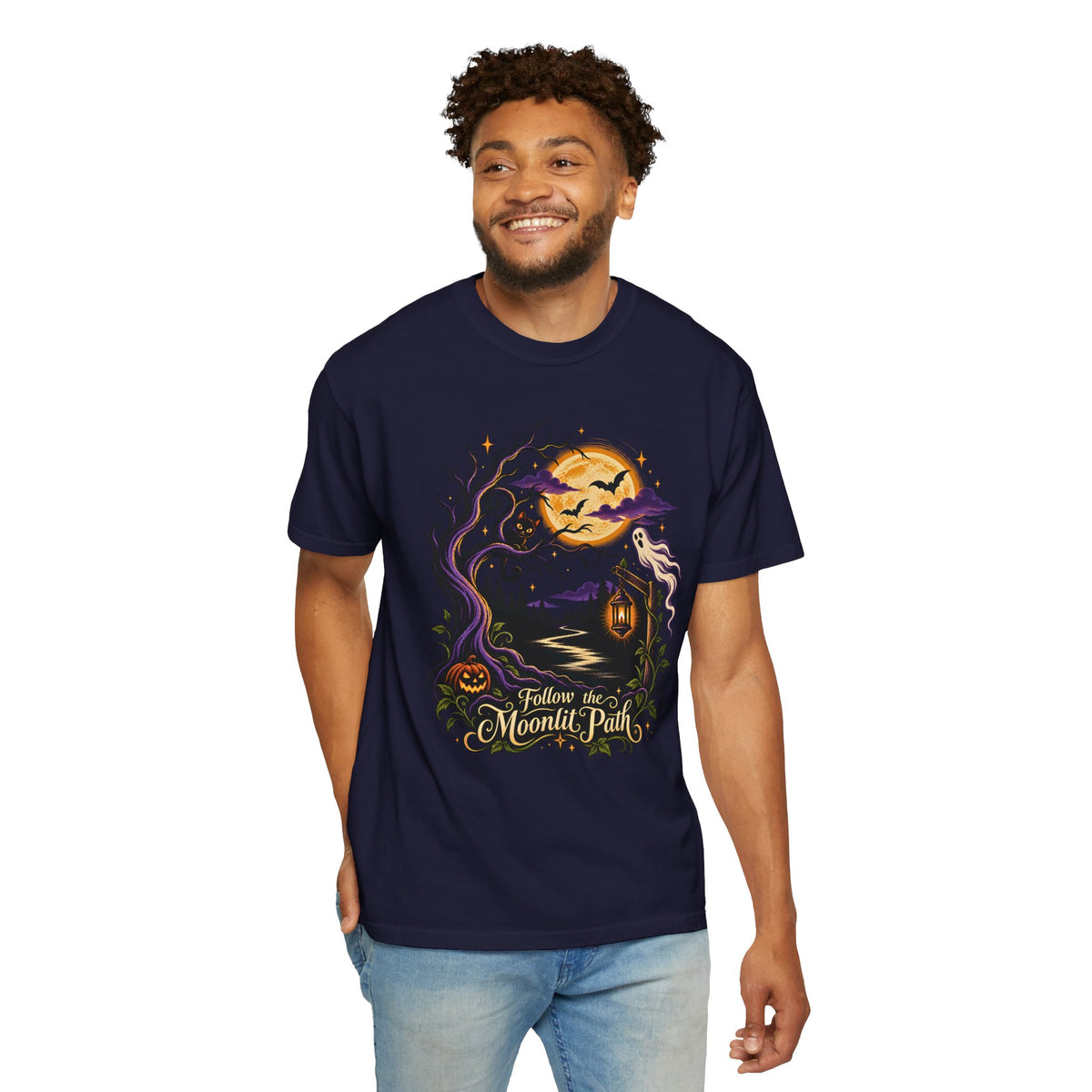Halloween Shirt, Haunted Trail Tee, Moonlit Path Graphic, Spooky Ghost Black Cat Pumpkin Shirt, Comfort Colors 1717 Fall Tee