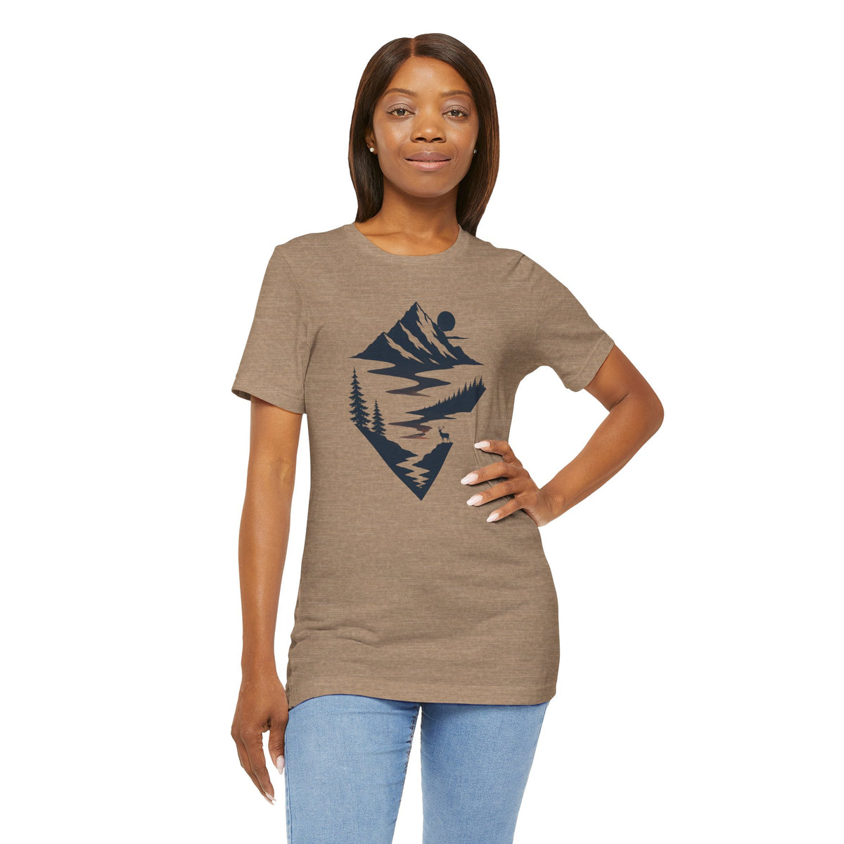 Adventure Is Calling Mountain Nature Graphic Tee | Bella Canvas 3001 Outdoor Hiking Shirt | River Forest Deer Wilderness T-Shirt