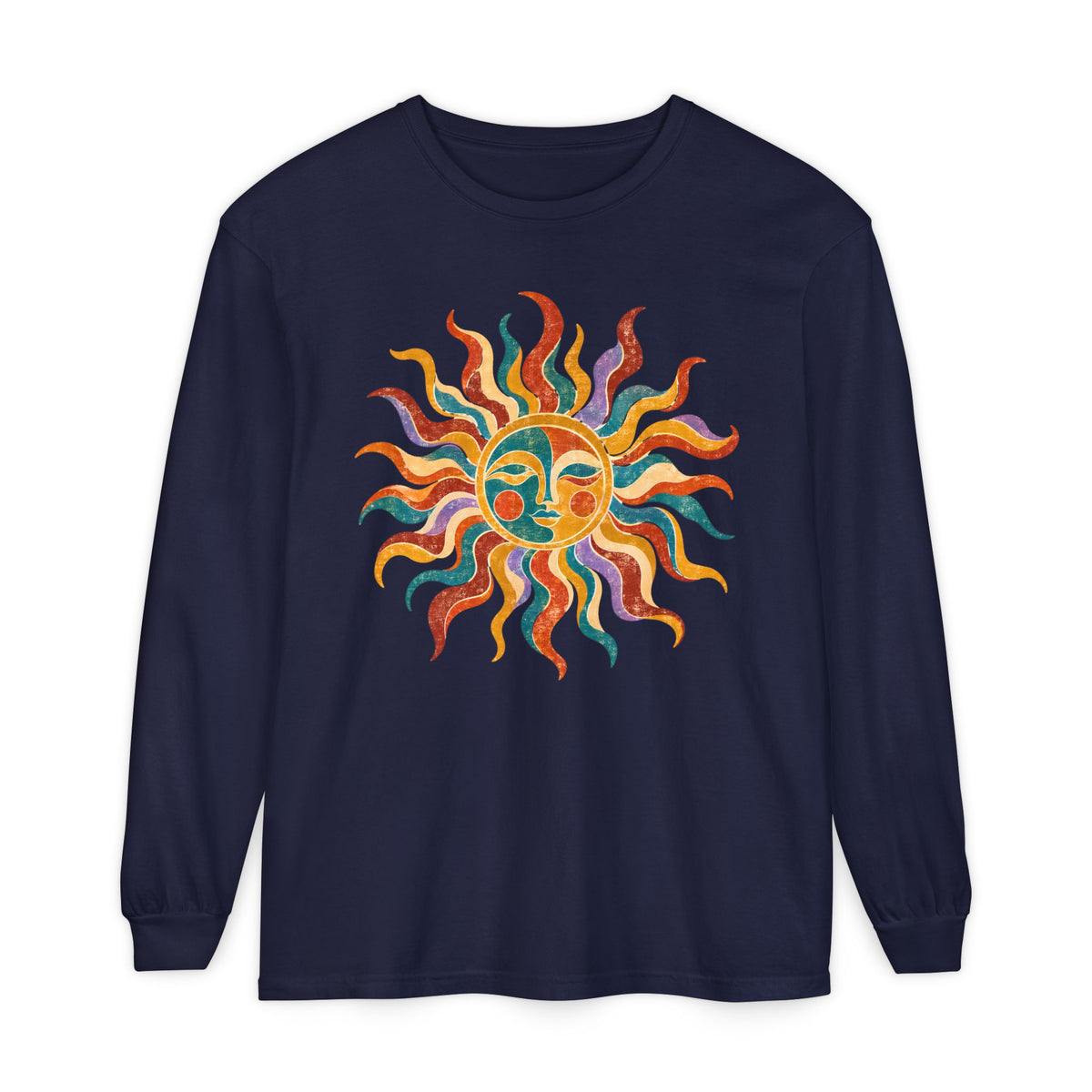 Retro Sun Long Sleeve Shirt, Folk Art Celestial Tee, Vintage Sun Face Shirt, Boho Graphic Long Sleeve