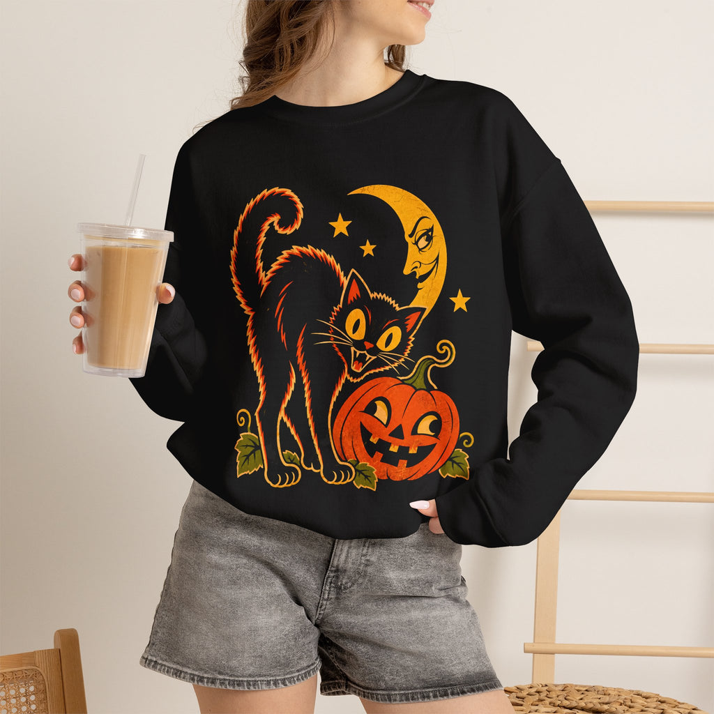 Vintage Halloween Black Cat Sweatshirt, Retro Pumpkin Moon Crewneck, Weird Spooky Cat Gildan 18000 Halloween Sweater