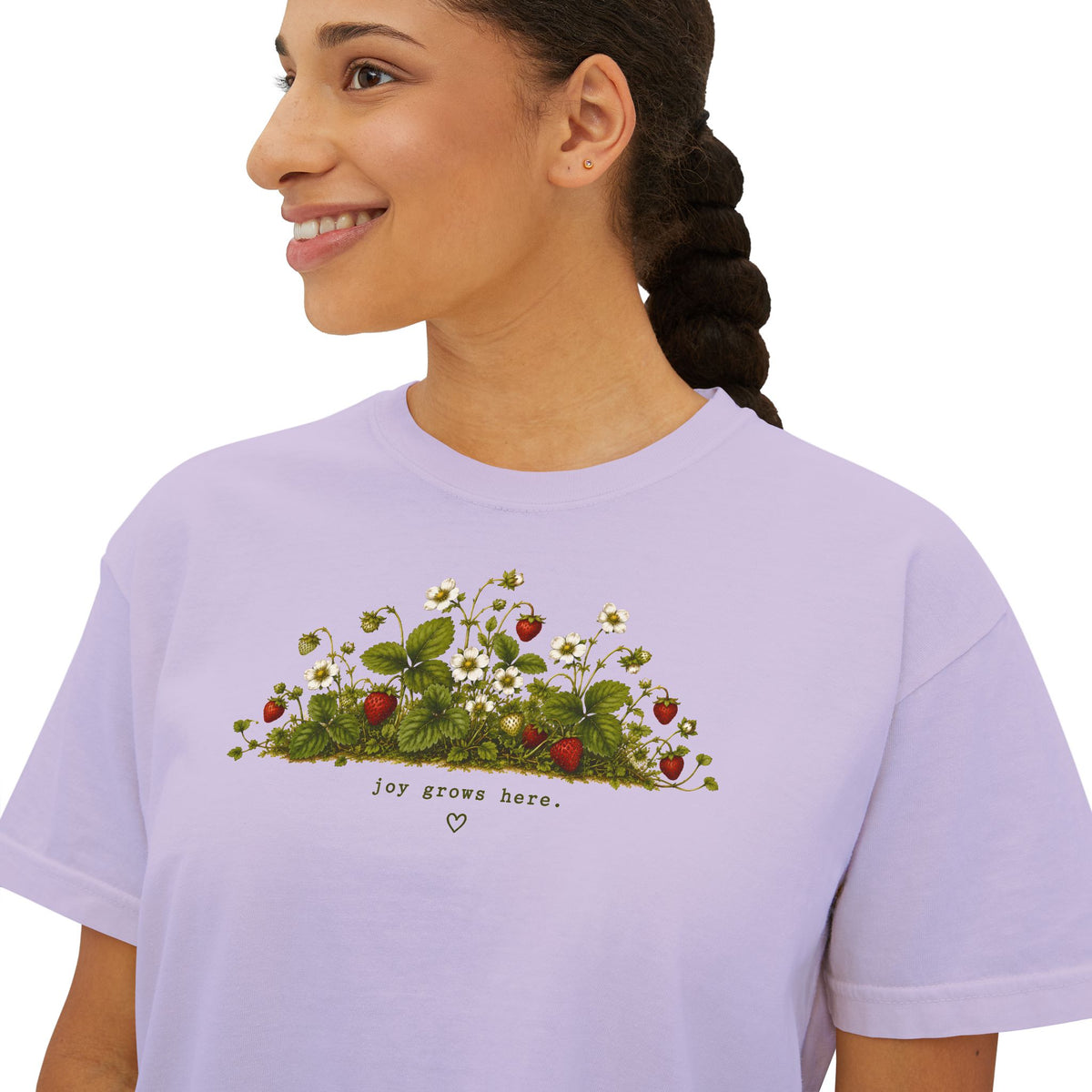 Joy Grows Here Boxy Tee | Strawberry Blossom Cottagecore Shirt | Cute Women's Cropped Relaxed Graphic Tee
