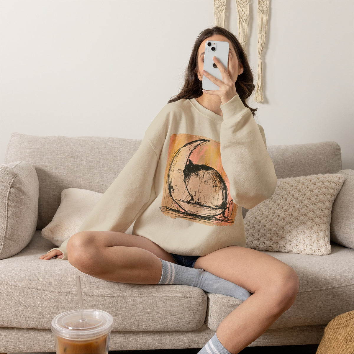 Sketch Moon Cat Crewneck Sweatshirt | Celestial Cat Illustration