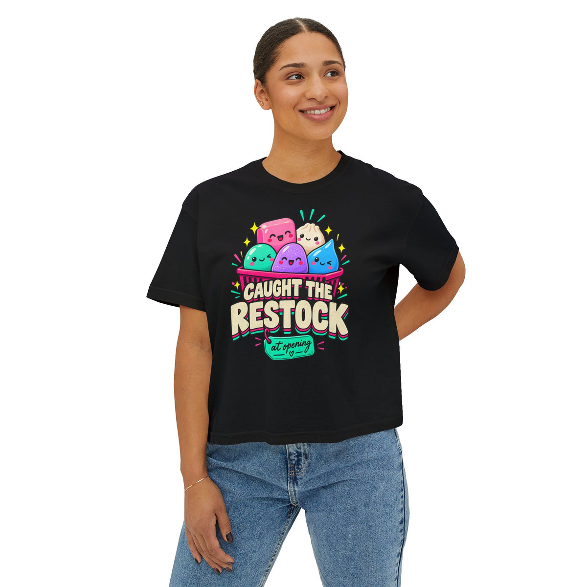 Caught the Restock Crop Tee, Squishy Hunting Shirt, Cute Sensory Toy Collector Top, Kawaii Restock Graphic Tee