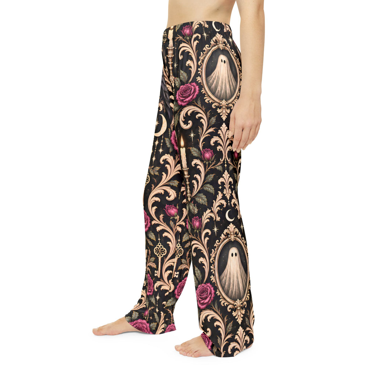Haunted Damask Pajama Pants, Gothic Halloween Lounge Pants, Ghost Skull Rose Pajamas, Spooky Victorian Sleepwear
