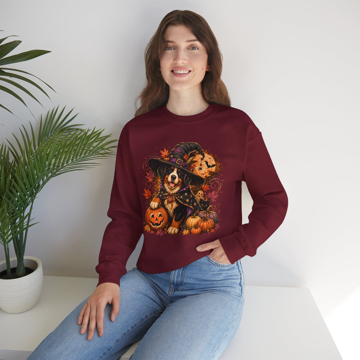 Halloween Witch Dog Sweatshirt | Pumpkin, Jack-o'-Lanterns, Autumn Leaves