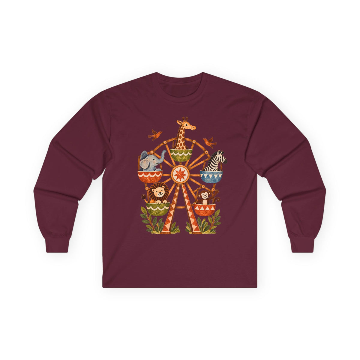 Vintage Safari Ferris Wheel Long Sleeve Shirt, Whimsical Zoo Animal Tee, Retro Storybook Graphic, Unisex Animal Lover Gift