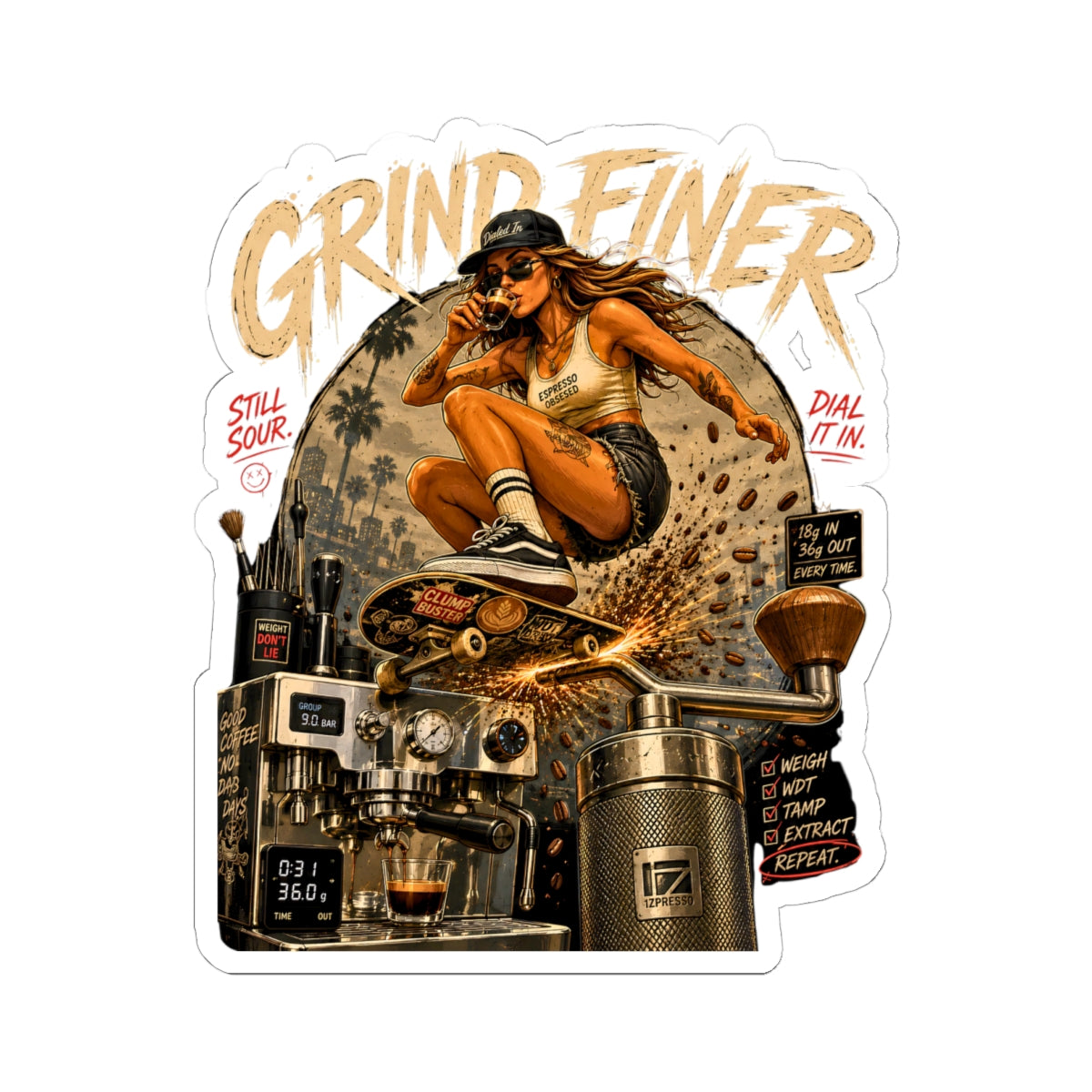 Grind Finer Coffee Sticker | Espresso Skateboard Vinyl Decal | Barista Gift
