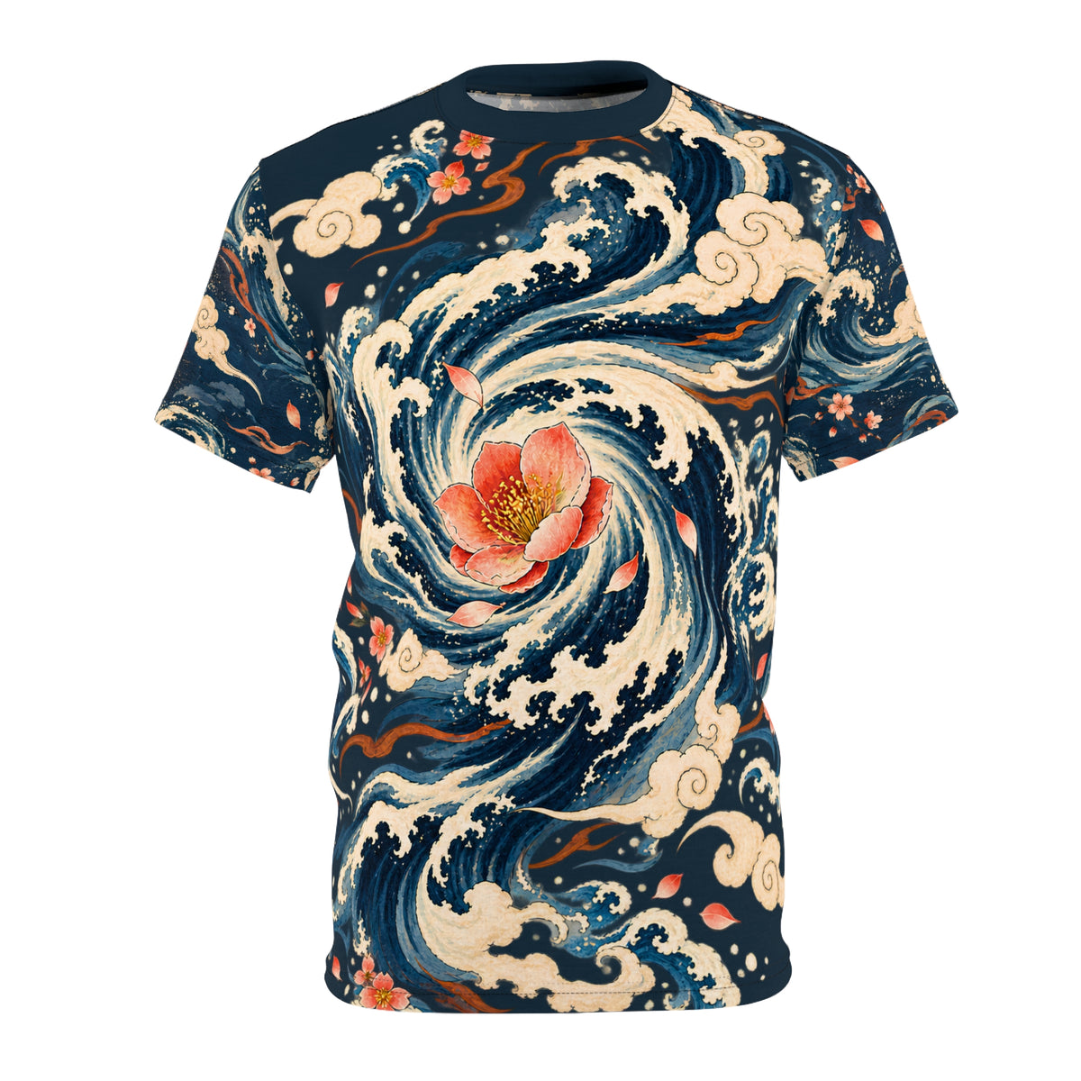 Flowers in a Hurricane Shirt | Japanese Wave Art All Over Print Tee | Floral Storm Graphic T-Shirt | Ukiyo-e Inspired Ocean Design