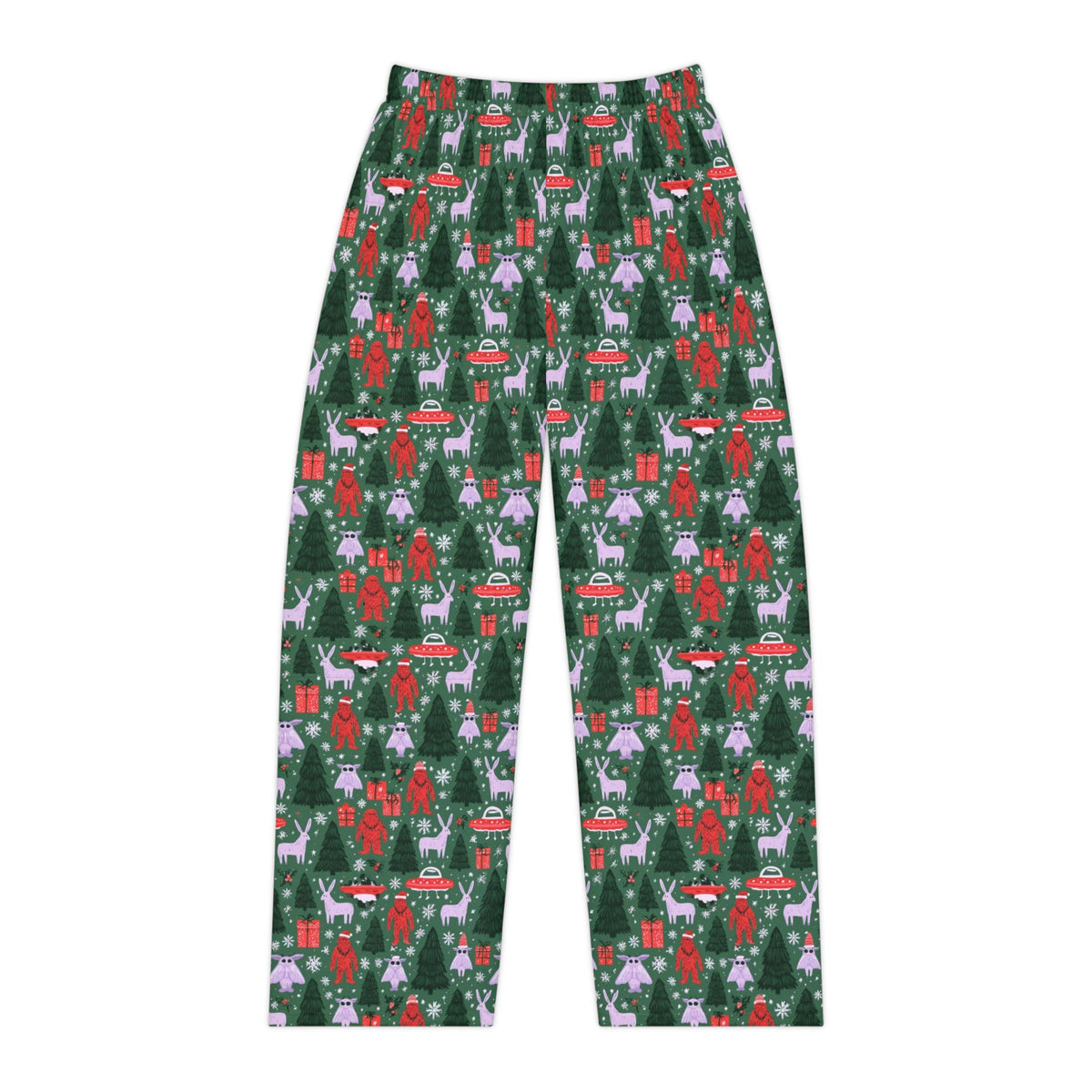 Whimsical Cryptid Christmas Pajama Pants | Bigfoot UFO Print