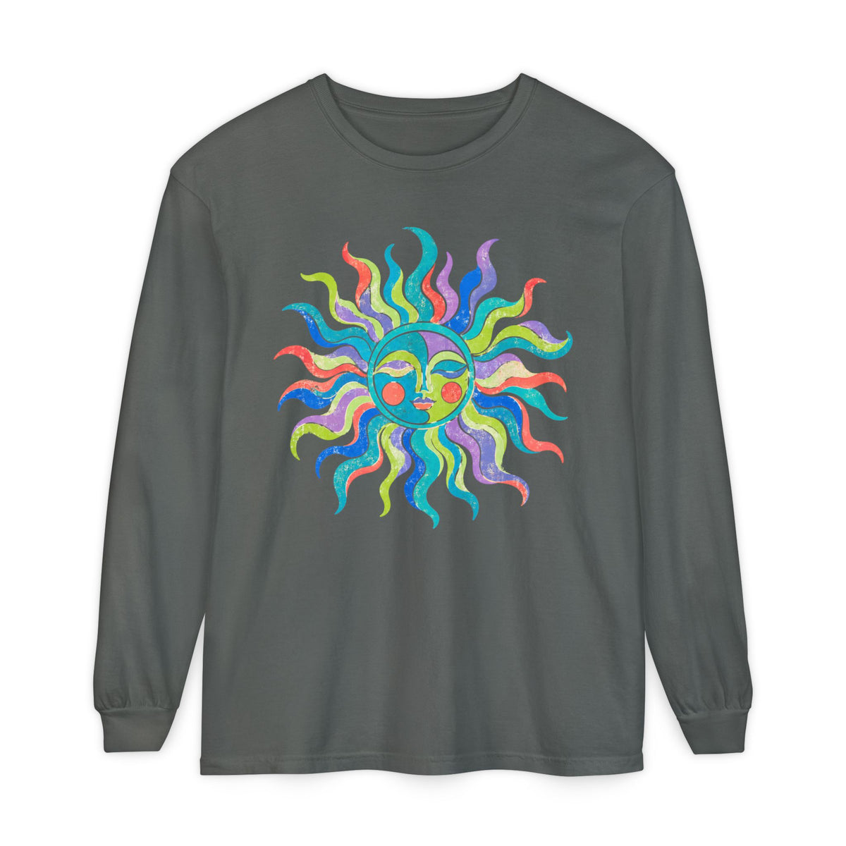 Colorful Sun Long Sleeve Shirt, Celestial Sun Face Tee, Retro Folk Art Shirt, Whimsical Boho Graphic Top