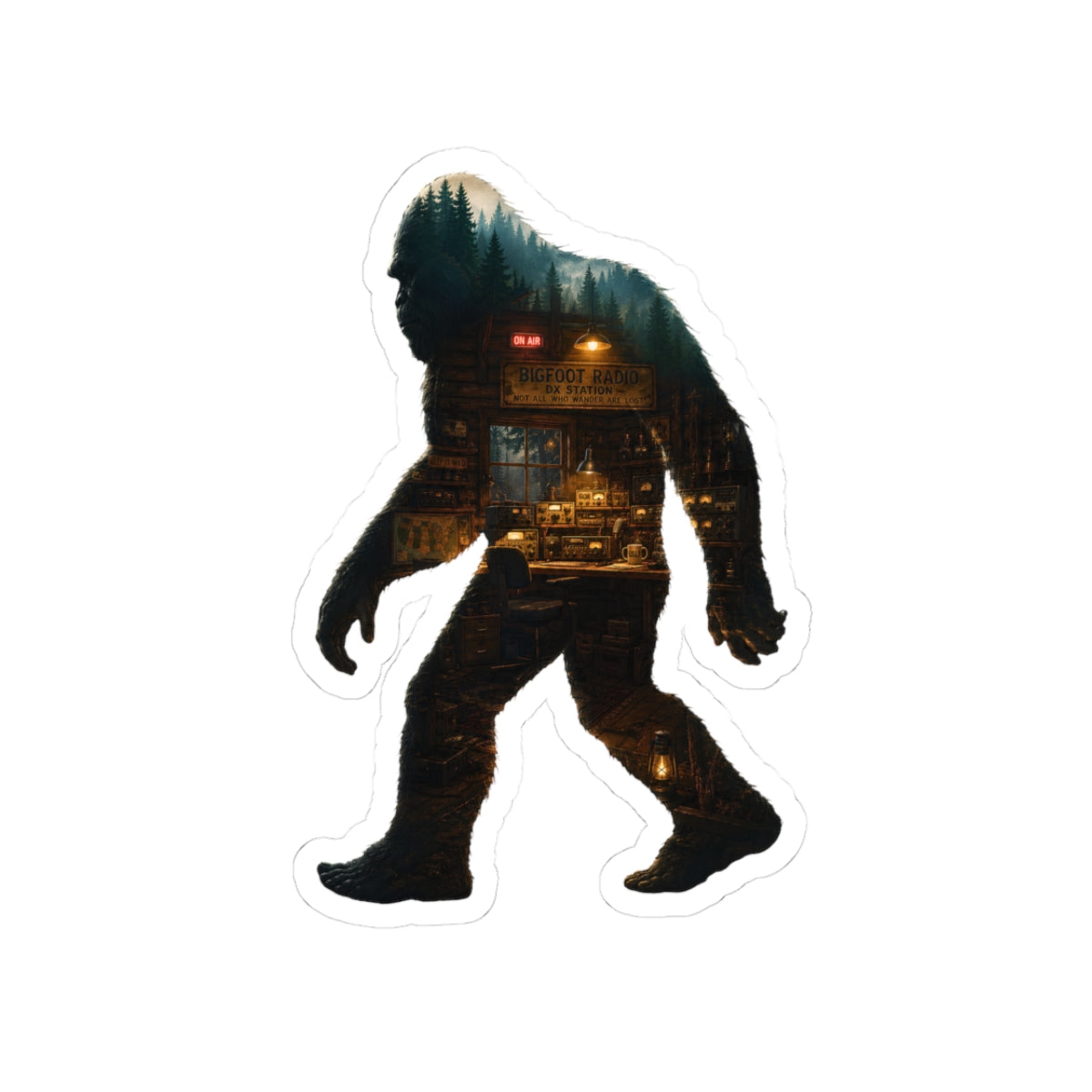 Bigfoot Silhouette Cabin Scene Sticker | Kiss-Cut Sticker